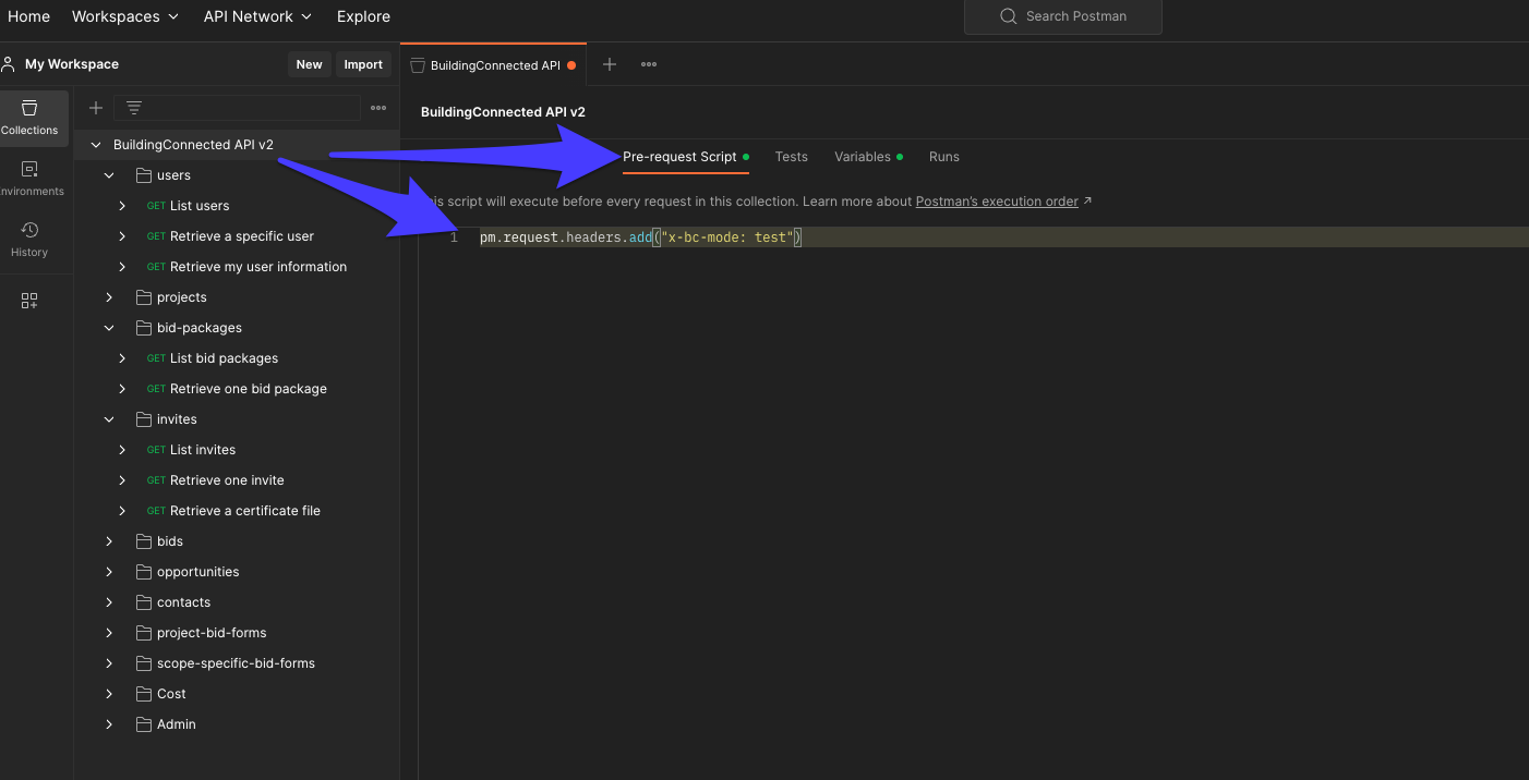 Postman "x-bc-mode: test" Script