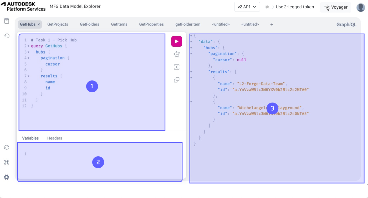 User Interaction Elements In the Manufacturing Data Model Explorer.